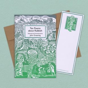 Group image of the Ten Poems about Rubbish poetry pamphlet on a decorative background