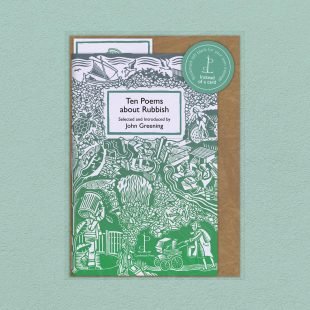 Pack image of the Ten Poems about Rubbish poetry pamphlet on a decorative background
