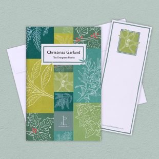 View ‘Christmas Garland: Ten Evergreen Poems’ group shot Group image of the Christmas Garland: Ten Evergreen Poems poetry pamphlet on a decorative background