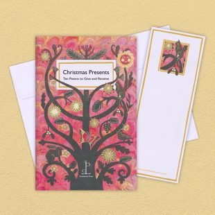 Group image of the Christmas Presents: Ten Poems to Give and Receive poetry pamphlet on a decorative background
