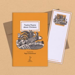 View ‘Twelve Poems about Chickens’ group shot Group image of the Twelve Poems about Chickens poetry pamphlet on a decorative background