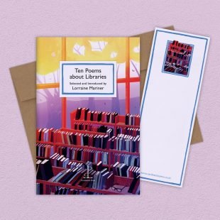 View ‘Ten Poems about Libraries’ group shot Group image of the Ten Poems about Libraries poetry pamphlet on a decorative background