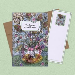 View ‘Ten Poems about Flowers’ group shot Group image of the Ten Poems about Flowers poetry pamphlet on a decorative background