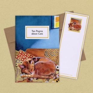 View ‘Ten Poems about Cats’ group shot Group image of the Ten Poems about Cats poetry pamphlet on a decorative background