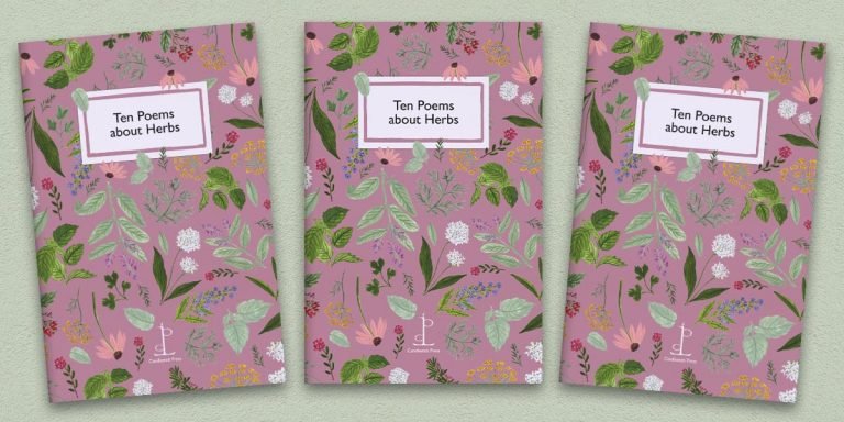 Three front covers of Ten Poems about Herbs poetry pamphlet on a decorative background