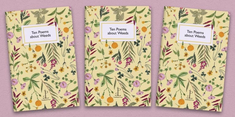 Three front covers of Ten Poems about Weeds poetry pamphlet on a decorative background