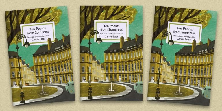 Three front covers of The Ten Poems from Somerset poetry pamphlet on a decorative background
