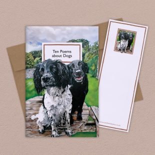 View ‘Ten Poems about Dogs’ group shot Group image of the Ten Poems about Dogs poetry pamphlet on a decorative background