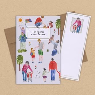 Group image of the Ten Poems about Fathers poetry pamphlet on a decorative background