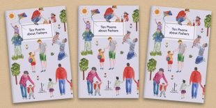 Three front covers of the Ten Poems about Fathers poetry pamphlet on a decorative background