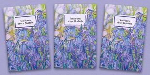 Three front covers of the Ten Poems about Bluebells poetry pamphlet on a decorative background