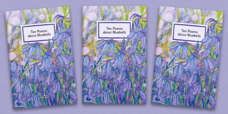 Three front covers of the Ten Poems about Bluebells poetry pamphlet on a decorative background
