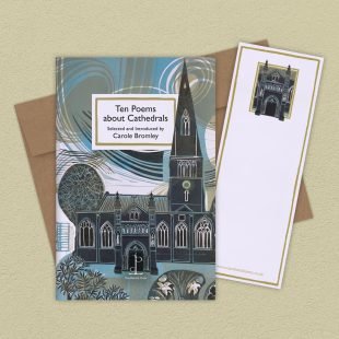 Group image of the Ten Poems about Cathedrals poetry pamphlet on a decorative background