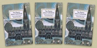 Three front covers of the Cathedrals poetry pamphlet on a decorative background