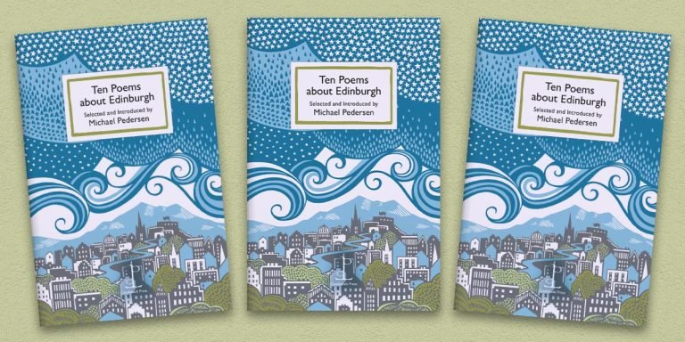 Three front covers of the Edinburgh poetry pamphlet on a decorative background