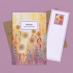 Group image of the Almanac: Twelve Poems for 2027 poetry pamphlet on a decorative background