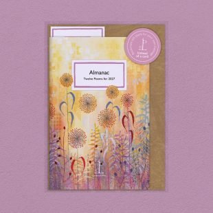 Pack image of the Almanac: Twelve Poems for 2027 poetry pamphlet on a decorative background
