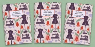 Three front covers of the Sewing poetry pamphlet on a decorative background