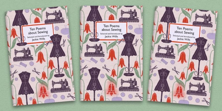 Three front covers of the Sewing poetry pamphlet on a decorative background