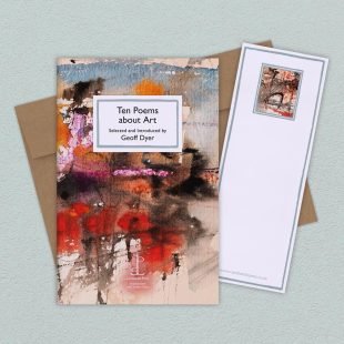 Group image of the Ten Poems about Art poetry pamphlet on a decorative background