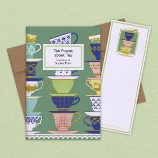 Group image of the Ten Poems about Tea poetry pamphlet on a decorative background