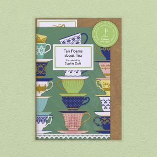 Pack image of the Ten Poems about Tea poetry pamphlet on a decorative background