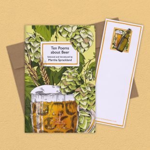 Group image of the Ten Poems about Beer poetry pamphlet on a decorative background