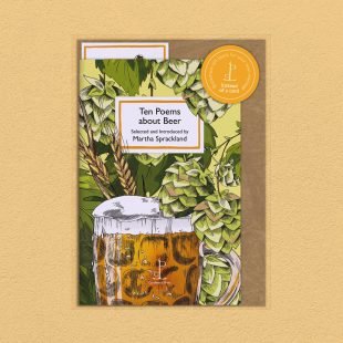 Pack image of the Ten Poems about Beer poetry pamphlet on a decorative background